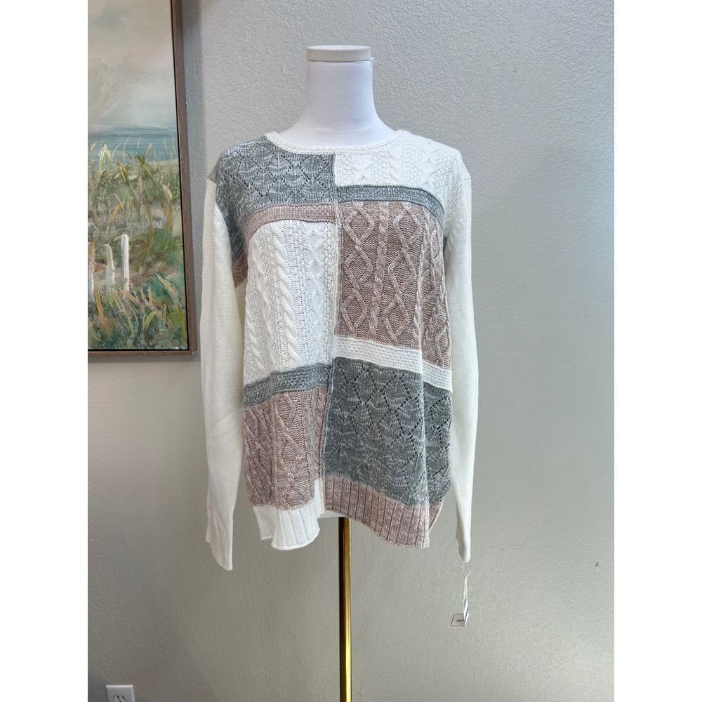 Alfred Dunner Patchwork Cable Knit Sweater XL Neutral